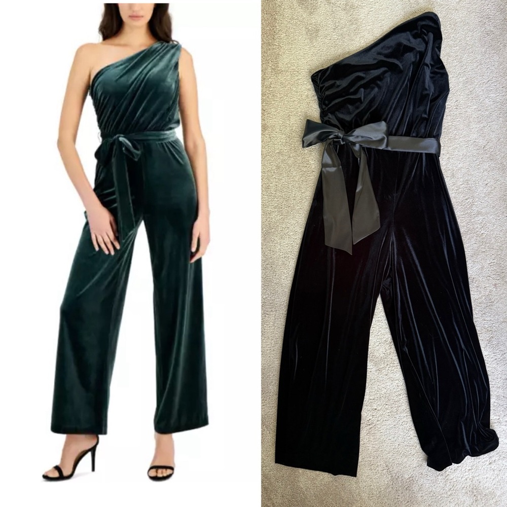 Anne Klein Velvet One-Shoulder Jumpsuit LIKE NEW Black // size 16